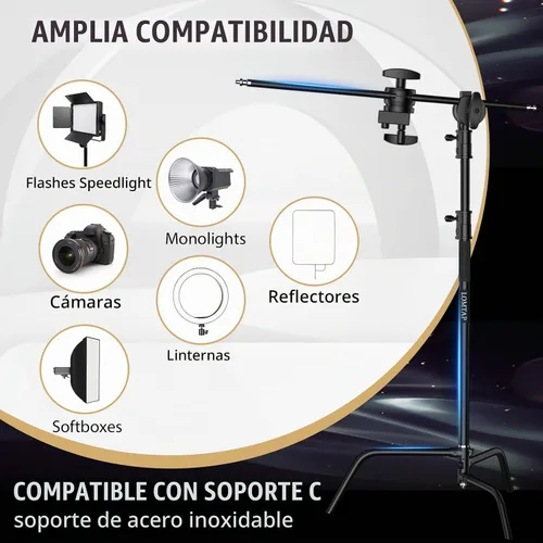 Vista 5 de LOMTAP - Soporte C para luz de fotografía en metal inoxidable - Kit resistente con poste vertical de 10.8 pies/3.3 metros, brazo de pluma de 4.2