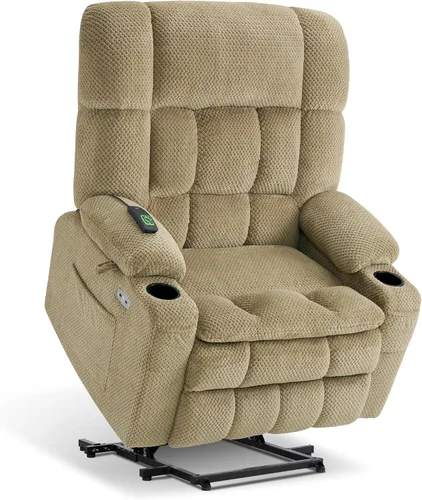 Vista 32 de MCombo Silla reclinable eléctrica de motor dual con masaje y calor para personas mayores, posición infinita, puertos USB, portavasos, tela 7890 Beige