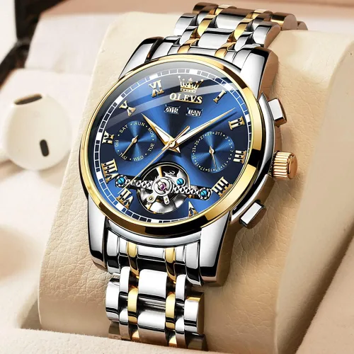 Vista 2 de OLEVS Relojes automáticos de cuerda automática para hombre, fecha y día, calendario, relojes de acero inoxidable, movimiento esquelético