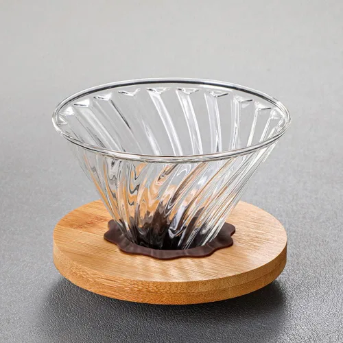 Vista 5 de Gotero de café para verter sobre café, gotero de café de vidrio V60 con base de madera de bambú, accesorios de goteo de café de preparación lenta