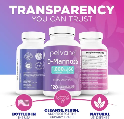 Vista 5 de Pelvana D-manosa 120 cápsulas (500 mg cada una) – 1000 mg por porción – Ayuda y mantiene el tracto urinario saludable, elimina las impurezas