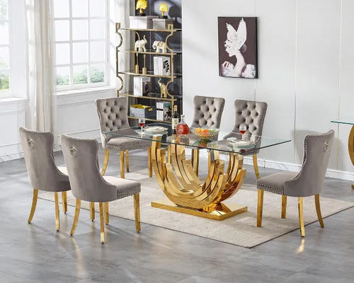 Vista 42 de Juego de mesa de comedor de cristal dorado de 5 piezas, 70 pulgadas, rectangular, moderna, para cocina y comedor, mesa de comedor para 4, mesa