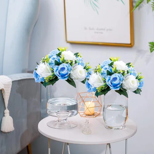 Vista 2 de Sziqiqi Flores de rosas artificiales de seda sintética para decoración de centros de mesa de boda, decoración del hogar, paquete de 2 unidades Azul