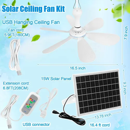 Vista 2 de Tujoe 1 juego de ventilador de techo solar de 16.5 pulgadas, panel solar monocristalino de 15 W, ventilador de techo colgante USB con control