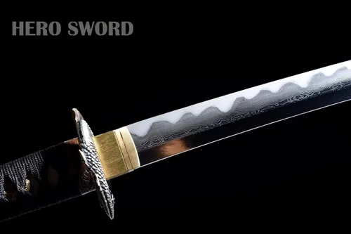 Vista 5 de Wakizashi - Espada samurái de acero templado plegado, auténtica, japonesa pura, manual, avanzada, piel de rayos, color rojo y negro, 31 pulgadas