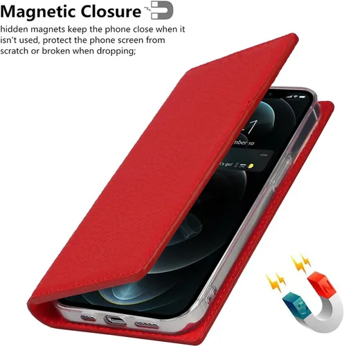 Vista 7 de iCoverCase Compatible con iPhone 13 Pro Max, funda magnética de piel auténtica con bloqueo RFID, correa para la muñeca y ranuras para tarjetas, Rojo