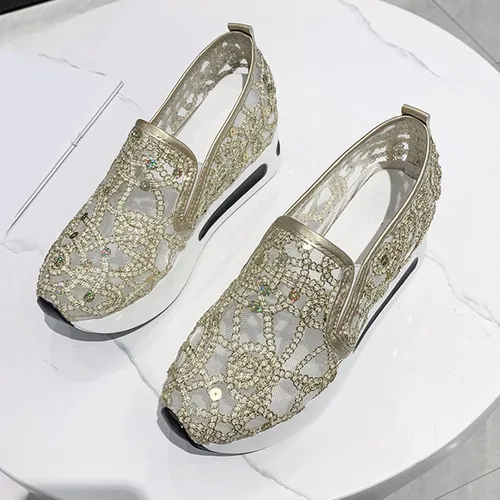 Vista 5 de Hbeylia Zapatos deportivos de plataforma con plataforma para mujer, diseño de lentejuelas y malla de encaje, suela gruesa, tacones altos ocultos