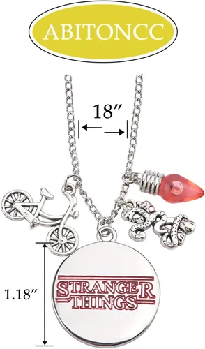 Vista 3 de Abitoncc Collar Stranger Charm de acero inoxidable Eddie alfabeto bombilla Once Bike Demogorgon notas al revés Guitarra Pick Munson Collares