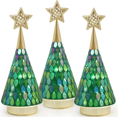 Vista 11 de Árbol de Navidad de vidrio con mosaico dorado con estrella, 2 piezas de árboles de Navidad pequeños de mesa con luz, árbol de Navidad a