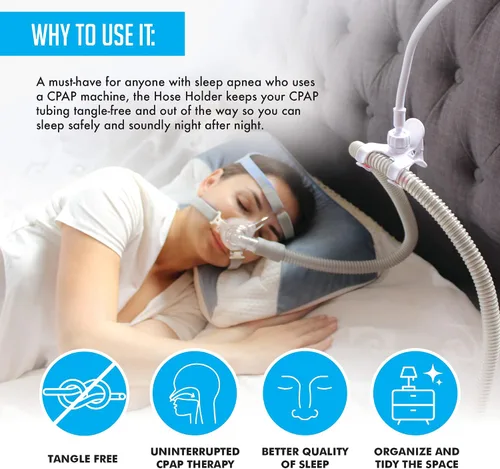 Vista 3 de Soporte para manguera CPAP para evitar fugas y enredos en el tubo, ajustable, extraíble y resistente, organizador de cama, soporte para máscara