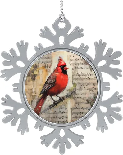 Vista 13 de El cardenal rojo se sienta en una rama de pino en el invierno, adornos de Navidad de copo de nieve de metal, patrón de pájaro cardenal, regalo
