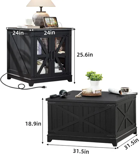 Vista 3 de Juegos de mesa de centro de estilo rústico de 2 piezas, grandes mesas laterales con estación de carga y mesa de centro con compartimento de Negro