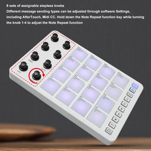 Vista 4 de Controlador MIDI Pad portátil, controlador MIDI Bluetooth SMC PAD con 16 almohadillas retroiluminadas RGB, 8 perillas asignables, repetición