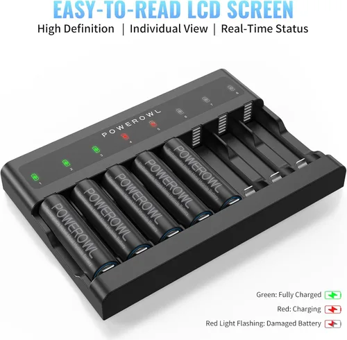 Vista 5 de POWEROWL Baterías AAA recargables de alta capacidad PRO con cargador de batería AA AAA 8 bahía