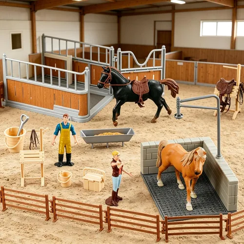 Vista 4 de Peagrav - Juego de establo para caballos con jinete, área de lavado, valla y figuras de animales, regalos para niñas y niños de 3 a 8 años