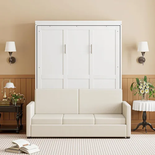 Vista 13 de MERITLINE Cama Murphy horizontal completa con sofá y estantes de almacenamiento, luz LED, madera maciza que ahorra espacio, cama de pared Murphy