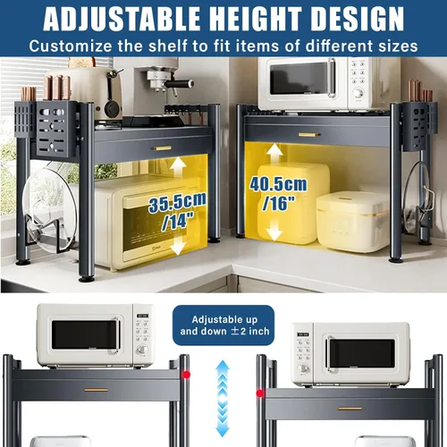 Vista 4 de Estante ajustable para horno de microondas, estante de microondas con cajones, estante de 2 niveles con soporte para tablas de cortar para estantes