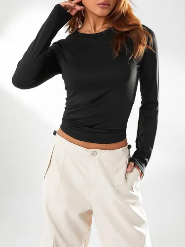 Vista 6 de Camisetas cortas de manga larga Y2K para mujer, cuello redondo, básicas, para entrenamiento, ajustadas, camisetas Y2K