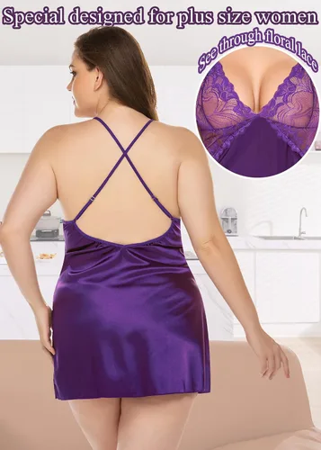 Vista 5 de Avidlove Lencería para mujer, cuello en V, camisón corto de satén con encaje para dormir