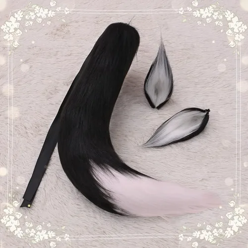 Vista 6 de Angela0123 - Cola de felpa de pelo sintético de lobo y gato de zorro + 2 orejas de clip para adultos, diadema de juguete para Halloween, disfraz