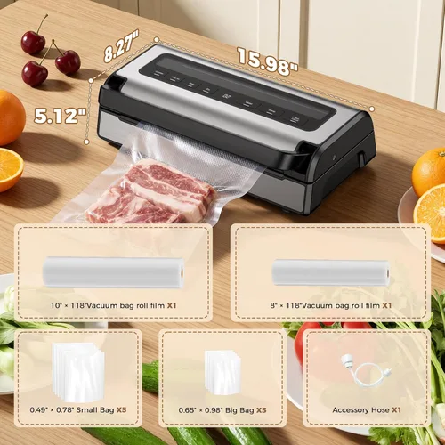 Vista 4 de Máquina selladora al vacío para alimentos, ahorro automático multifuncional de alimentos para sellado seco, húmedo y recipiente, cortador integrado