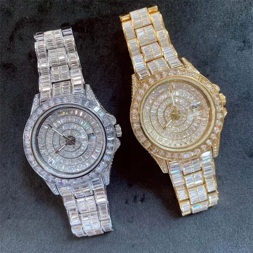Vista 5 de ICEDIAMOND Reloj de pulsera con calendario de diamantes de circonita cúbica de 1654in chapado en oro piedras de circonita brillantes esfera redonda