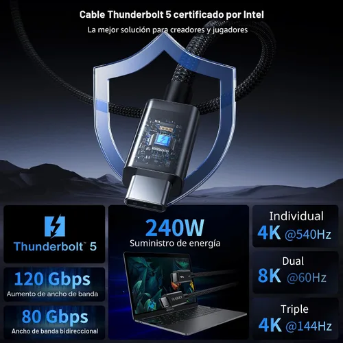 Vista 2 de IVANKY Certificado Intel Cable Thunderbolt 5 de 3.3 pies, hasta 120 Gbps y 240 W, cable Thunderbolt trenzado premium de 80 Gbps, compatible