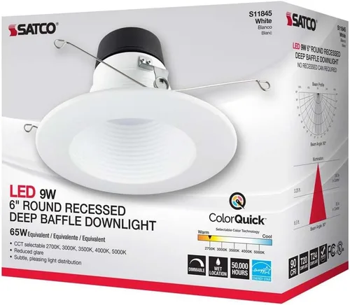 Vista 8 de Satco 9W CCT-Baffle profundo empotrable LED Downlight 4.29 pulgadas de alto y 7.2 pulgadas de ancho