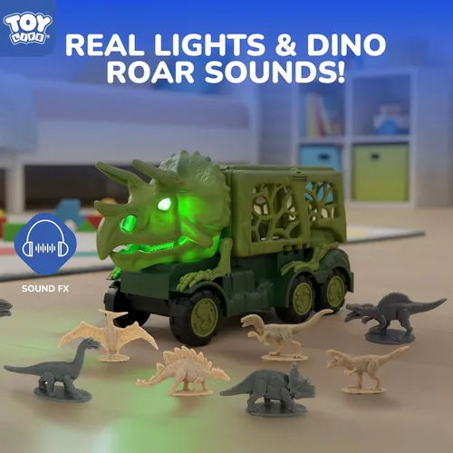 Vista 6 de TOY Life Camión de Dinosaurio Jurásico con Pista y Luces y Sonidos, Juguetes de Dinosaurio Triceratops para Niños de 3 a 5, Juego de Transporte