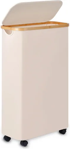 Vista 23 de Cesta de lavandería delgada, cesta estrecha con tapa, cesta de 60 litros para lavandería, cesta de tela sucia con mango de bambú para juguetes, Beige