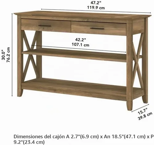 Vista 3 de Bush Home Key West - Mesa consola con cajones y estantes en pino recuperado, solución de almacenamiento para sala de estar con estantería