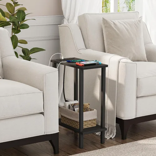 Vista 2 de TUTOTAK - Mesa auxiliar pequeña con estación de carga; mesa lateral estrecha con puertos USB y tomas de corriente; mesa de sofá delgada; mesita