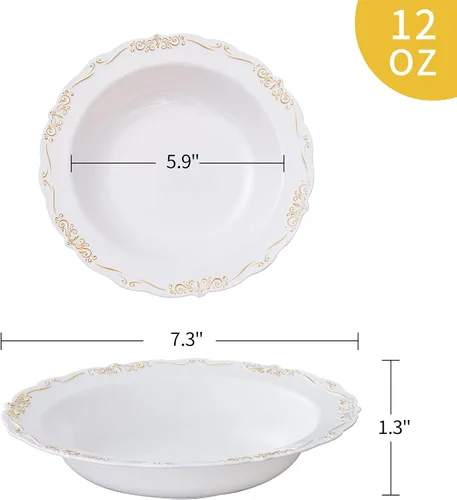 Vista 2 de N9R 30 cuencos de sopa desechables con relieve dorado, cuencos de plástico de 12 onzas para vacaciones, fiestas, bodas, catering y uso diario