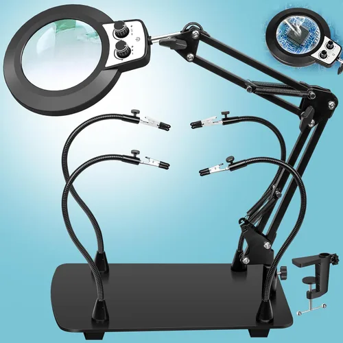 Vista 11 de Lámpara de lupa de 10 aumentos con luz y soporte, 2,200 lúmenes, luz iluminada con atenuación sin escalones en 3 colores, 4 pilares de PCB y lámpara