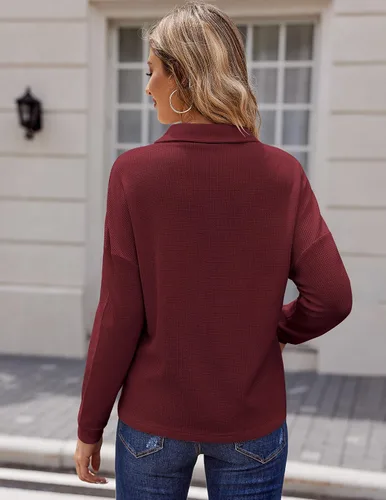 Vista 5 de HOTOUCH Camisas de punto gofre para mujer, blusas casuales con botones y manga larga con cuello