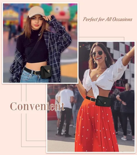 Vista 7 de WHIPPY Riñoneras para mujer, de piel, a la moda, para cinturón extraíble, para fiestas, viajes, 3- Negro