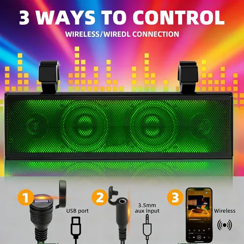 Vista 4 de Barra de sonido UTV de 17 pulgadas, barra de sonido para carrito de golf, Bluetooth IP65, impermeable, 400 W, amplificada con iluminación RGB
