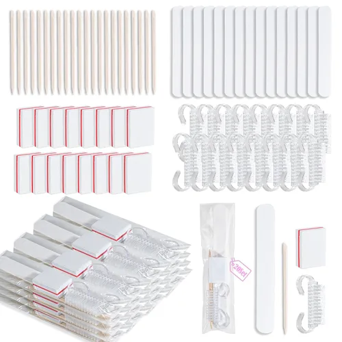 Vista 10 de 20 juegos de kit de manicura desechable básico de 4 piezas para viajes, cepillo de agarre, mini pulidor de uñas, lima de uñas y palo de madera