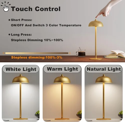 Vista 2 de Lámpara de mesa inalámbrica recargable – Luz de mesa con pilas de 5000 mAh, lámpara de mesa LED regulable continua de 3 colores con función