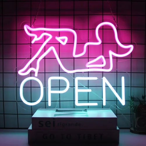 Vista 2 de Señal de neón abierta señora atractiva señora LED Bar signos para pared hotel tienda club decoración Dimmable Blue Letter Neon Light, Acrylic Neon