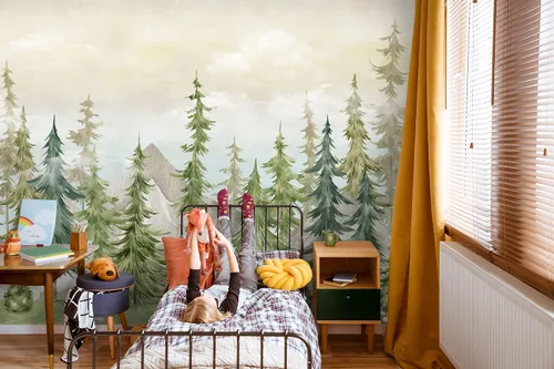 Vista 5 de Murwall Papel pintado de acuarela para niños, bosque y vivero, pino