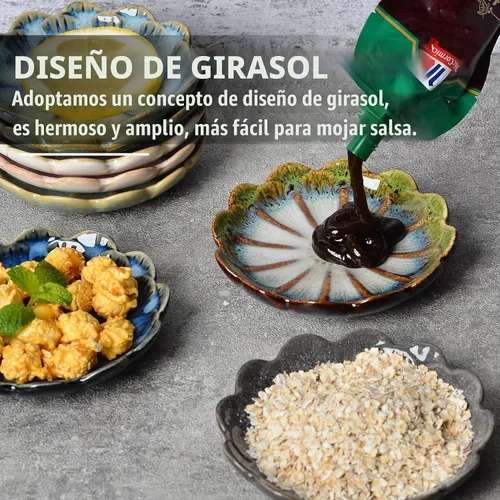 Vista 4 de Juego de Cuencos de Cerámica para Sumergir de 8 Piezas, Tazas de Salsa de 3 oz, Plato Pequeño Redondo de Crisantemo para Sushi, Tomate, Salsa