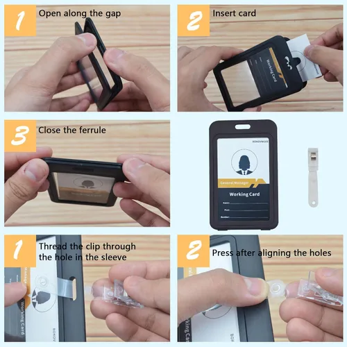 Vista 4 de Portatarjetas de identificación con clip de plástico, ventanas transparentes verticales de doble cara, estuche de plástico negro duro, resistente al