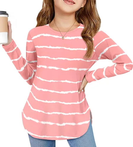 Vista 27 de Arshiner - Camisetas de manga larga para niñas, cuello redondo, dobladillo curvo, abertura lateral, básicas, casuales, de ajuste holgado, tipo