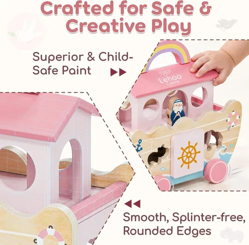 Vista 6 de Lehoo Castle Juguete de madera rosa del arca de Noé para niña de 1 año