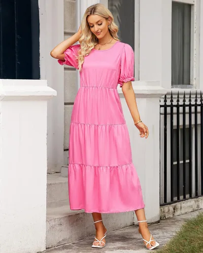 Vista 4 de GRAPENT Vestido de mezclilla para mujer, de verano, casual, manga abombada, por debajo de la rodilla, escalonado, acampanado, cintura elástica