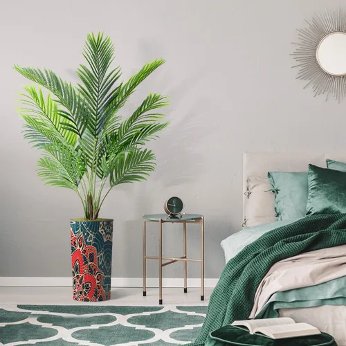 Vista 5 de Árbol artificial en macetero moderno con patrón de mandala, palmera tropical areca artificial de seda para decoración del hogar en interiores