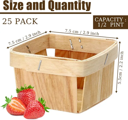 Vista 2 de 25 cestas de regalo de madera de 1/2 pinta de 3 x 3 x 2.2 pulgadas, cajas cuadradas de madera ventiladas, mini cesta de bayas a granel