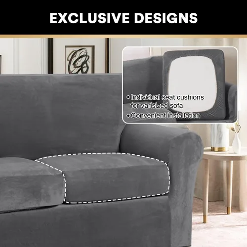 Vista 3 de Fundas elásticas de terciopelo real para silla de 3/4 piezas, fundas para sofá, protectores de muebles, patrón a cuadros, extraíbles y lavables