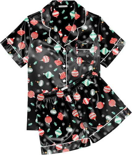 Vista 18 de Ekouaer Conjunto de pijama de satén de seda para mujer, suave, de manga corta, con botones, ropa para dormir, camiseta y pantalones cortos, juego